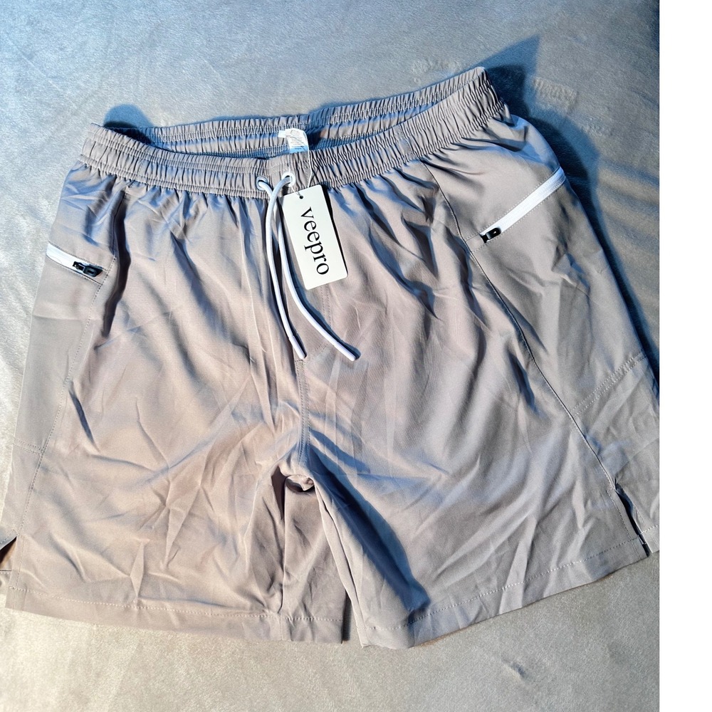 Veepro Mens Athletic Shorts tanish/Gray Mesh Liner Zipper Pockets XL NEW